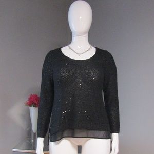 NEW Alfani Black Sequin Sweater w/ Sheer Hem XL